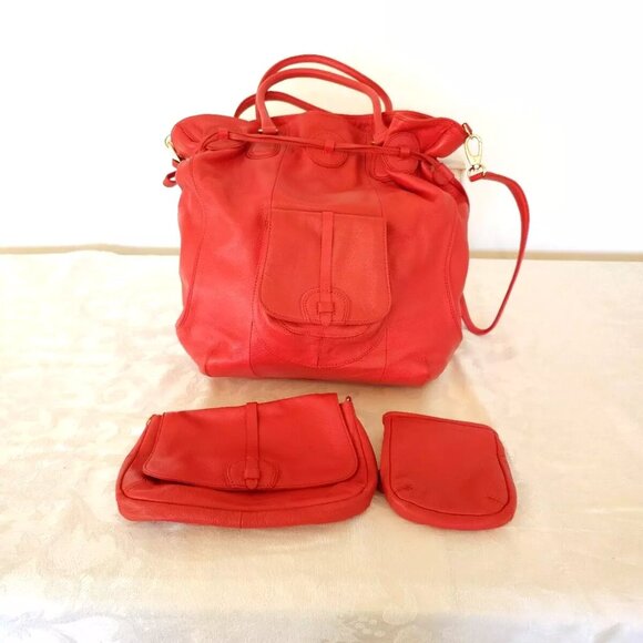 NEW Isaac Mizrahi Live 4 pc SET XLG Fire Engine RED 100% Leather Bag Tote Purse - Picture 1 of 16